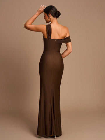 Elegant Brown Elastic Knitted Irregular Shape Collar Gathered Metal Buckles Spliced Ruffle High Slit Slim Fishtail Hem Suitable For Various Occasions Date Wedding Bridesmaid Dress