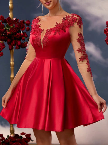 Elegant Burgundy Glossy Satin V-Neck Transparent Long-Sleeved Back Sexy Mesh See-Through Large Open Back Three-Dimensional Floral Patched High-Waisted A-Line Hem Suitable For Homecoming, Dates, Vacations, Weddings And Events Valentine's Day Prom Dress