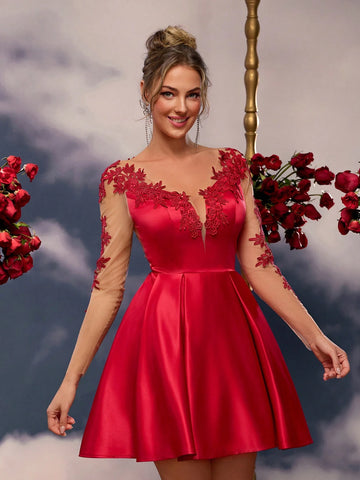 Elegant Burgundy Glossy Satin V-Neck Transparent Long-Sleeved Back Sexy Mesh See-Through Large Open Back Three-Dimensional Floral Patched High-Waisted A-Line Hem Suitable For Homecoming, Dates, Vacations, Weddings And Events Valentine's Day Prom Dress