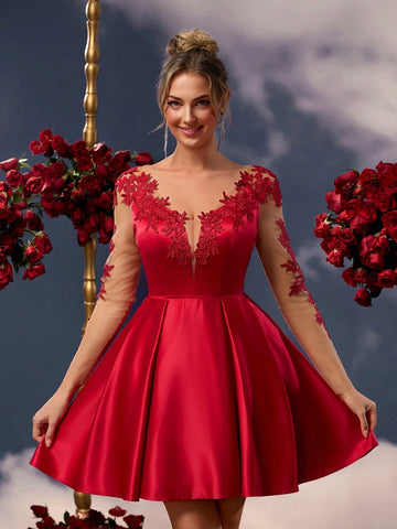 Elegant Burgundy Glossy Satin V-Neck Transparent Long-Sleeved Back Sexy Mesh See-Through Large Open Back Three-Dimensional Floral Patched High-Waisted A-Line Hem Suitable For Homecoming, Dates, Vacations, Weddings And Events Valentine's Day Prom Dress