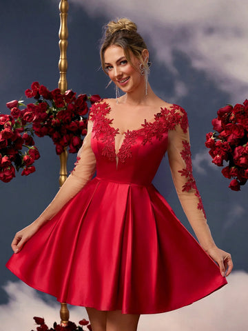 Elegant Burgundy Glossy Satin V-Neck Transparent Long-Sleeved Back Sexy Mesh See-Through Large Open Back Three-Dimensional Floral Patched High-Waisted A-Line Hem Suitable For Homecoming, Dates, Vacations, Weddings And Events Valentine's Day Prom Dress