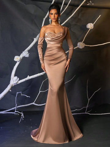 Elegant Champagne Asymmetrical Neck Sequin Splice Asymmetric Flounced High Waist Fishtail Maxi Formal Dress