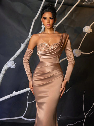 Elegant Champagne Asymmetrical Neck Sequin Splice Asymmetric Flounced High Waist Fishtail Maxi Formal Dress