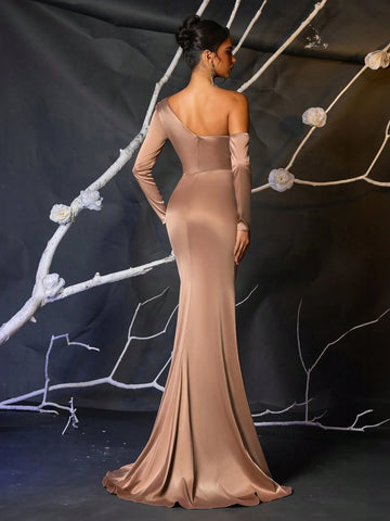 Elegant Champagne Asymmetrical Neck Sequin Splice Asymmetric Flounced High Waist Fishtail Maxi Formal Dress