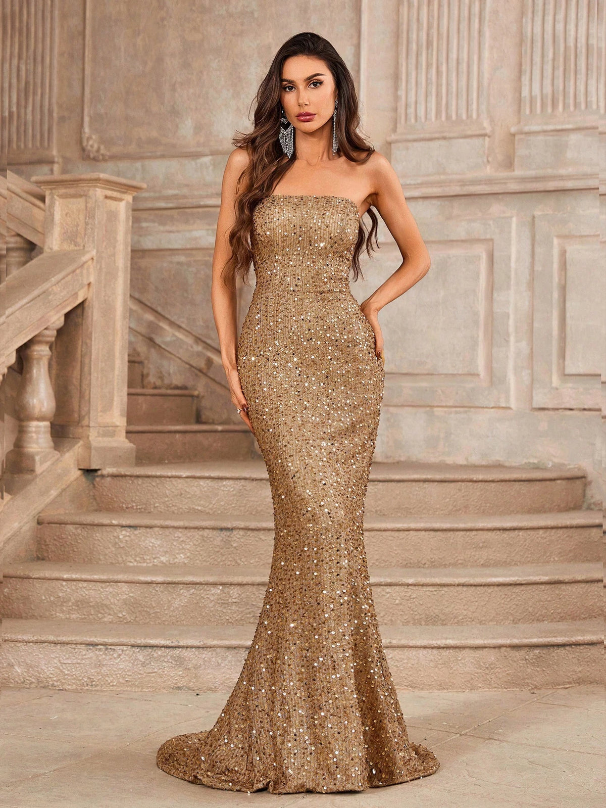 Elegant Champagne Color Bustier Bust Cups Whole Piece Gorgeous Event Heavy Duty Dinner Dresses