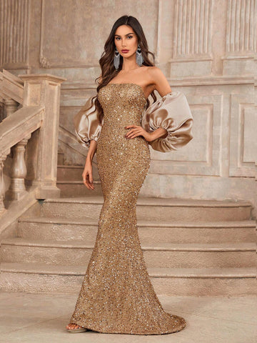 Elegant Champagne Color Bustier Bust Cups Whole Piece Gorgeous Event Heavy Duty Dinner Dresses