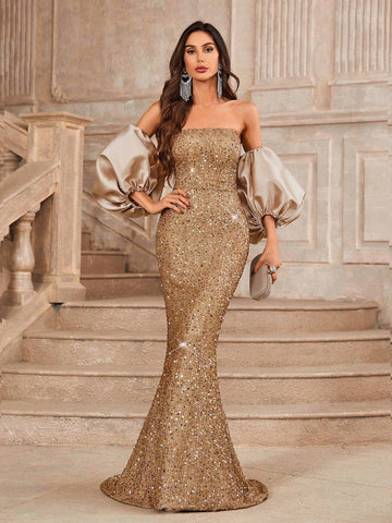 Elegant Champagne Color Bustier Bust Cups Whole Piece Gorgeous Event Heavy Duty Dinner Dresses
