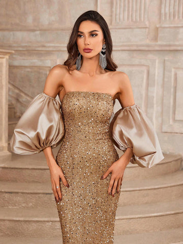 Elegant Champagne Color Bustier Bust Cups Whole Piece Gorgeous Event Heavy Duty Dinner Dresses