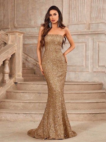 Elegant Champagne Color Bustier Bust Cups Whole Piece Gorgeous Event Heavy Duty Dinner Dresses