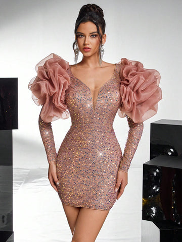 Elegant Champagne Luxury Sequin V-Neck Layered Ruffle Shoulder Mesh Cocktail Party Mini Dress