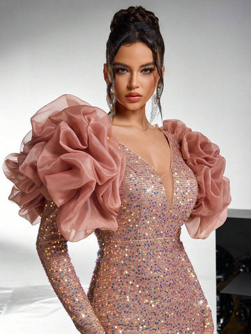 Elegant Champagne Luxury Sequin V-Neck Layered Ruffle Shoulder Mesh Cocktail Party Mini Dress