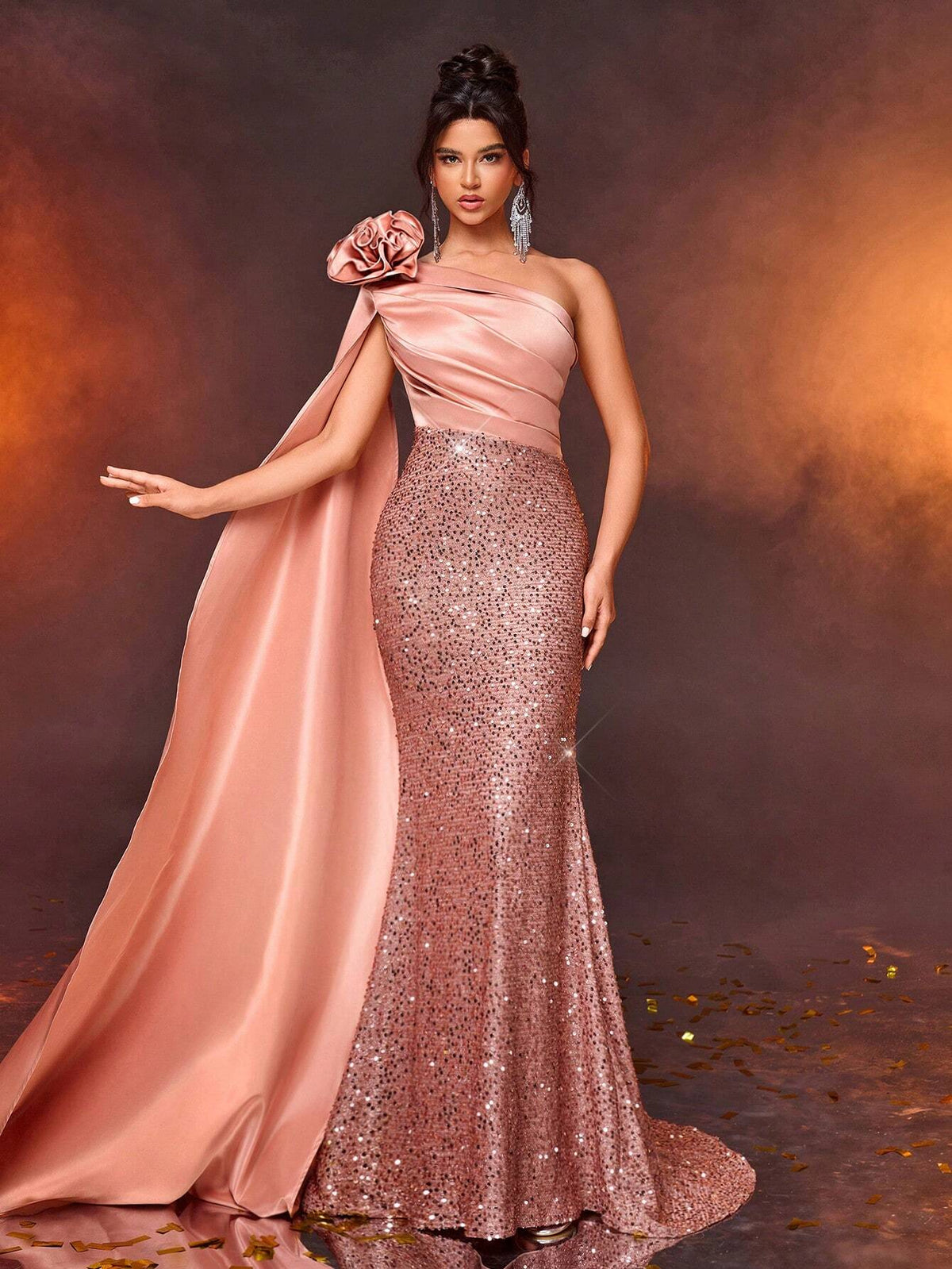 Elegant Champagne Shoulder Strap Long Sleeve Draped Sequin Patchwork Satin Mermaid Evening Dress