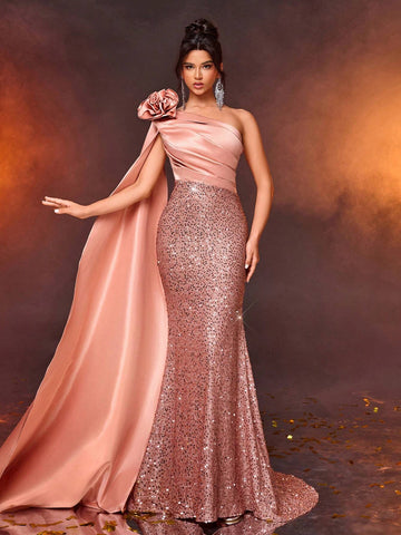 Elegant Champagne Shoulder Strap Long Sleeve Draped Sequin Patchwork Satin Mermaid Evening Dress