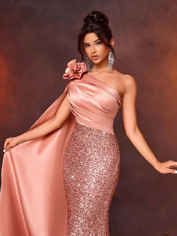 Elegant Champagne Shoulder Strap Long Sleeve Draped Sequin Patchwork Satin Mermaid Evening Dress