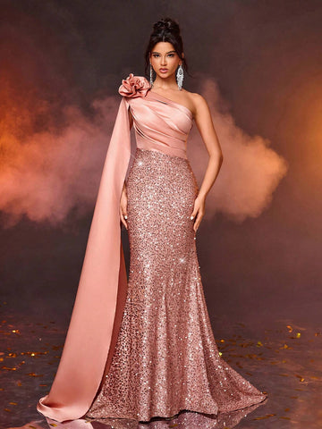 Elegant Champagne Shoulder Strap Long Sleeve Draped Sequin Patchwork Satin Mermaid Evening Dress