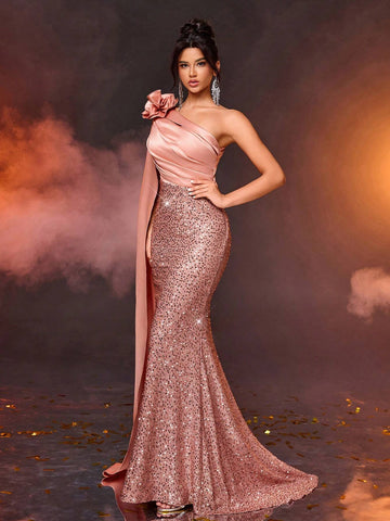 Elegant Champagne Shoulder Strap Long Sleeve Draped Sequin Patchwork Satin Mermaid Evening Dress
