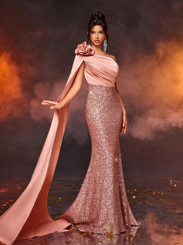 Elegant Champagne Shoulder Strap Long Sleeve Draped Sequin Patchwork Satin Mermaid Evening Dress