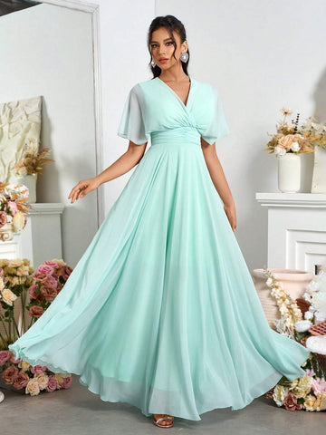 Elegant Chiffon Off-Shoulder V-Neck Pleated Swing Evening Dress