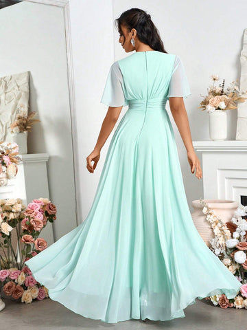 Elegant Chiffon Off-Shoulder V-Neck Pleated Swing Evening Dress