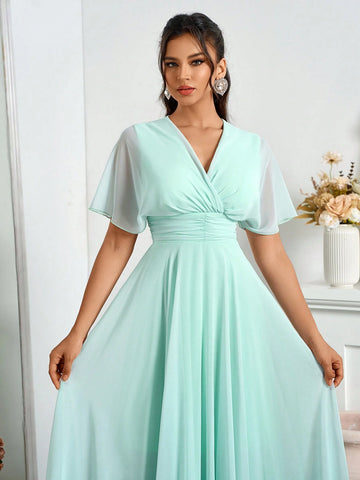 Elegant Chiffon Off-Shoulder V-Neck Pleated Swing Evening Dress