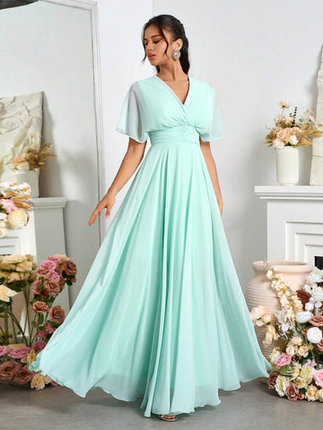 Elegant Chiffon Off-Shoulder V-Neck Pleated Swing Evening Dress