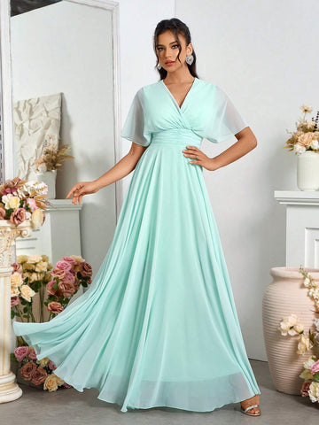 Elegant Chiffon Off-Shoulder V-Neck Pleated Swing Evening Dress