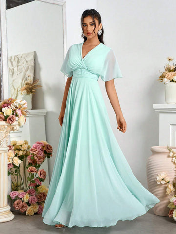 Elegant Chiffon Off-Shoulder V-Neck Pleated Swing Evening Dress
