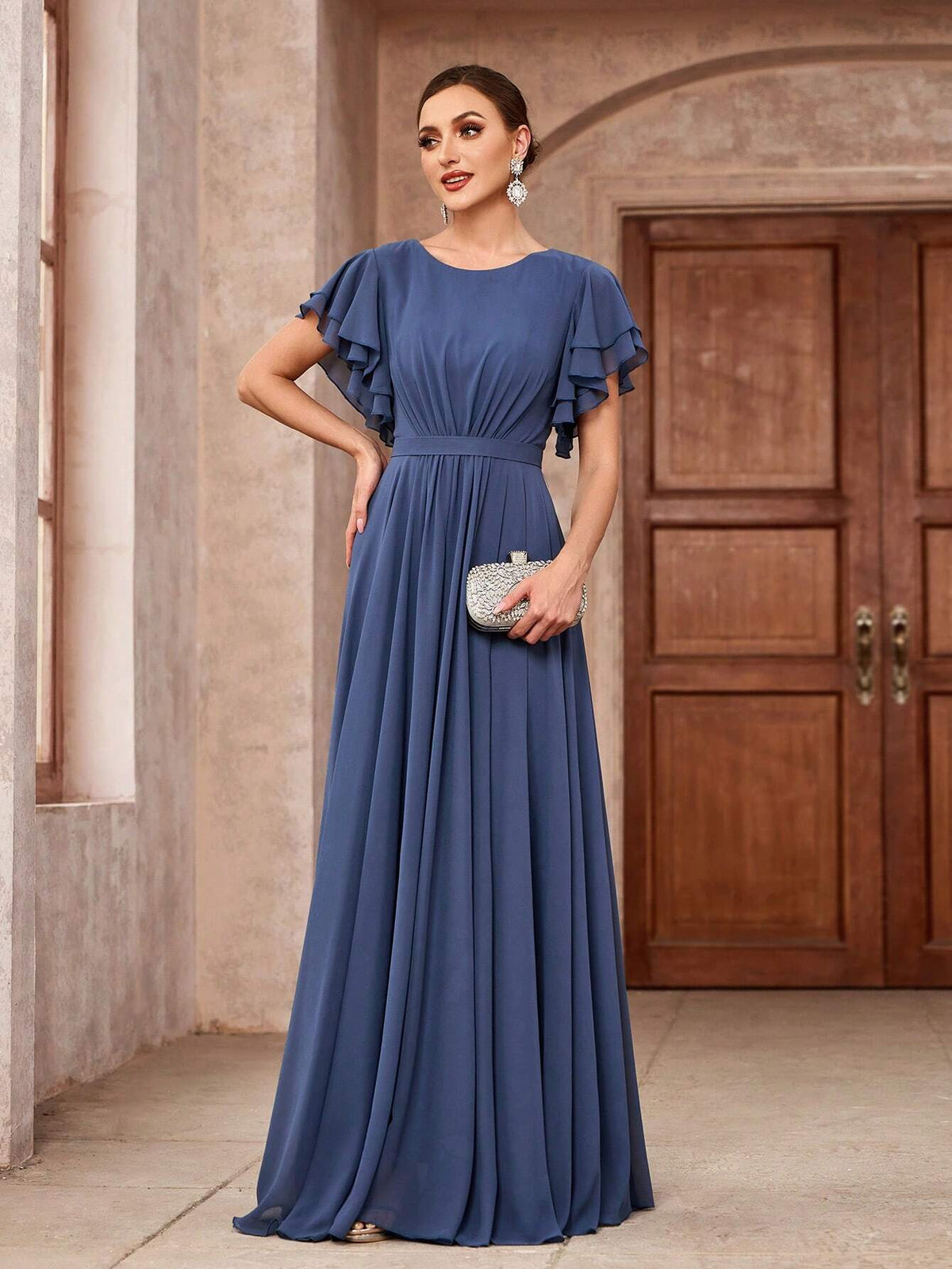 Elegant Chiffon Ruffle Sleeve Bridesmaid Dress