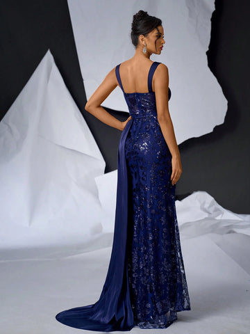 Elegant Dark Blue Luxurious Satin Dress With Beaded Appliques, Wide Strap And U-Neckline, Sheer Details At Waist, High Waistline And Slit Design, Slim Fit Mermaid Style With Trail, Perfect For Single Party Or Formal Evening Event