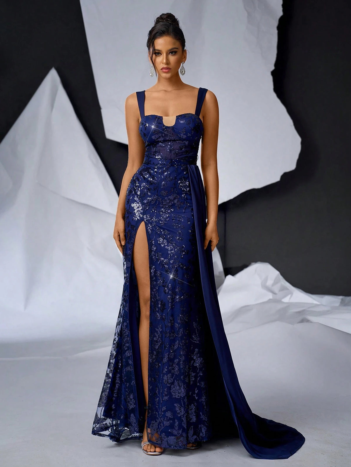Elegant Dark Blue Luxurious Satin Dress With Beaded Appliques, Wide Strap And U-Neckline, Sheer Details At Waist, High Waistline And Slit Design, Slim Fit Mermaid Style With Trail, Perfect For Single Party Or Formal Evening Event