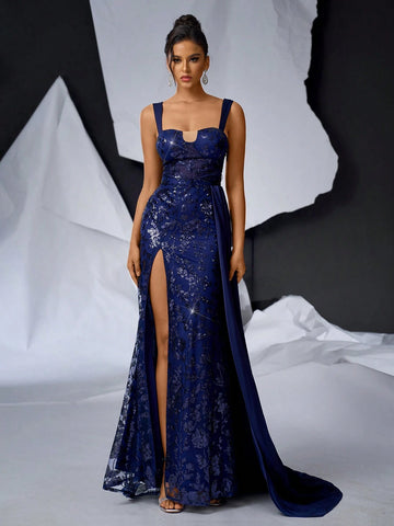 Elegant Dark Blue Luxurious Satin Dress With Beaded Appliques, Wide Strap And U-Neckline, Sheer Details At Waist, High Waistline And Slit Design, Slim Fit Mermaid Style With Trail, Perfect For Single Party Or Formal Evening Event