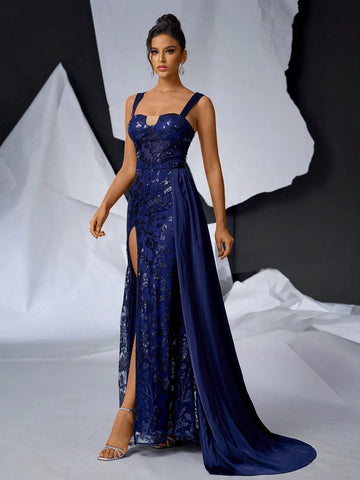 Elegant Dark Blue Luxurious Satin Dress With Beaded Appliques, Wide Strap And U-Neckline, Sheer Details At Waist, High Waistline And Slit Design, Slim Fit Mermaid Style With Trail, Perfect For Single Party Or Formal Evening Event