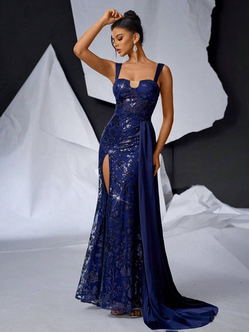 Elegant Dark Blue Luxurious Satin Dress With Beaded Appliques, Wide Strap And U-Neckline, Sheer Details At Waist, High Waistline And Slit Design, Slim Fit Mermaid Style With Trail, Perfect For Single Party Or Formal Evening Event