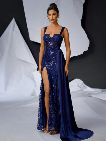 Elegant Dark Blue Luxurious Satin Dress With Beaded Appliques, Wide Strap And U-Neckline, Sheer Details At Waist, High Waistline And Slit Design, Slim Fit Mermaid Style With Trail, Perfect For Single Party Or Formal Evening Event