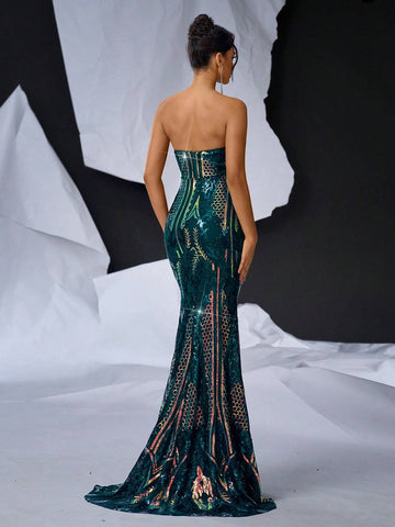 Elegant Dark Green Gorgeous Shape V-Neck Three-Dimensional Herringbone High Waist  Party Dating Graduation Season Wedding Event Heavy Duty Dinner Dance Dresses