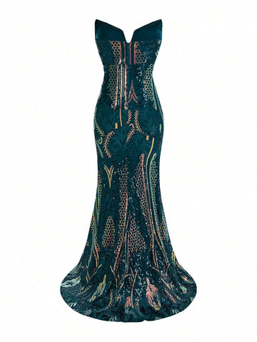 Elegant Dark Green Gorgeous Shape V-Neck Three-Dimensional Herringbone High Waist  Party Dating Graduation Season Wedding Event Heavy Duty Dinner Dance Dresses