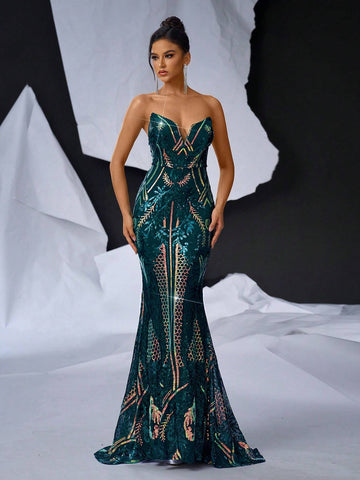 Elegant Dark Green Gorgeous Shape V-Neck Three-Dimensional Herringbone High Waist  Party Dating Graduation Season Wedding Event Heavy Duty Dinner Dance Dresses