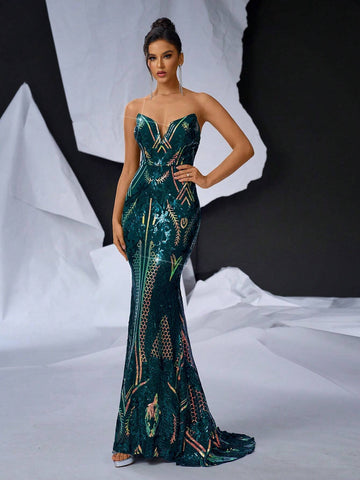 Elegant Dark Green Gorgeous Shape V-Neck Three-Dimensional Herringbone High Waist  Party Dating Graduation Season Wedding Event Heavy Duty Dinner Dance Dresses