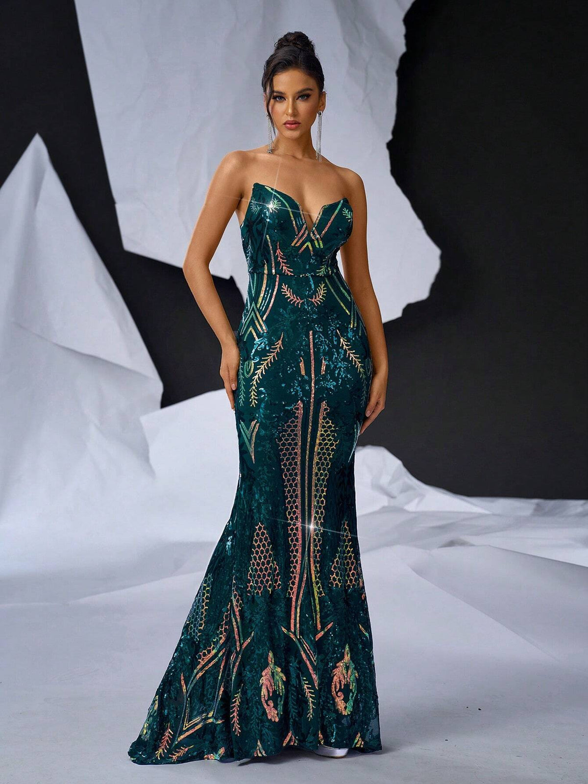 Elegant Dark Green Gorgeous Shape V-Neck Three-Dimensional Herringbone High Waist  Party Dating Graduation Season Wedding Event Heavy Duty Dinner Dance Dresses