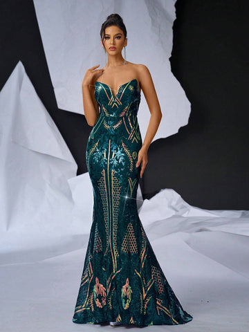 Elegant Dark Green Gorgeous Shape V-Neck Three-Dimensional Herringbone High Waist  Party Dating Graduation Season Wedding Event Heavy Duty Dinner Dance Dresses