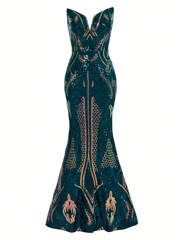 Elegant Dark Green Gorgeous Shape V-Neck Three-Dimensional Herringbone High Waist  Party Dating Graduation Season Wedding Event Heavy Duty Dinner Dance Dresses