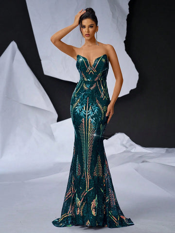 Elegant Dark Green Gorgeous Shape V-Neck Three-Dimensional Herringbone High Waist  Party Dating Graduation Season Wedding Event Heavy Duty Dinner Dance Dresses
