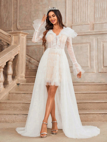 Elegant Deep V-Neck Gorgeous Beaded Patchwork Exaggerated Cascading  Removable Drag Pendulum Mesh Floating Piece Two-Wear Effect Dating Graduation Season Wedding Event Send Dress Wedding Dresses Dresses
