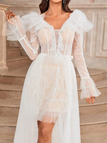 Elegant Deep V-Neck Gorgeous Beaded Patchwork Exaggerated Cascading  Removable Drag Pendulum Mesh Floating Piece Two-Wear Effect Dating Graduation Season Wedding Event Send Dress Wedding Dresses Dresses