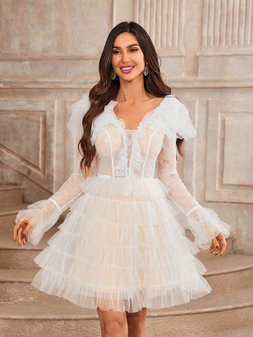 Elegant Deep V-Neck Gorgeous Beaded Patchwork Exaggerated Cascading  Removable Drag Pendulum Mesh Floating Piece Two-Wear Effect Dating Graduation Season Wedding Event Send Dress Wedding Dresses Dresses