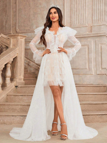 Elegant Deep V-Neck Gorgeous Beaded Patchwork Exaggerated Cascading  Removable Drag Pendulum Mesh Floating Piece Two-Wear Effect Dating Graduation Season Wedding Event Send Dress Wedding Dresses Dresses