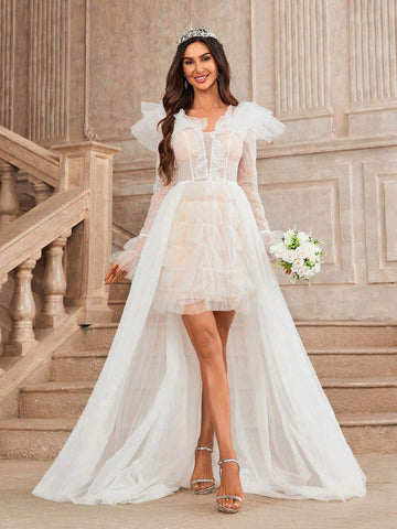 Elegant Deep V-Neck Gorgeous Beaded Patchwork Exaggerated Cascading  Removable Drag Pendulum Mesh Floating Piece Two-Wear Effect Dating Graduation Season Wedding Event Send Dress Wedding Dresses Dresses