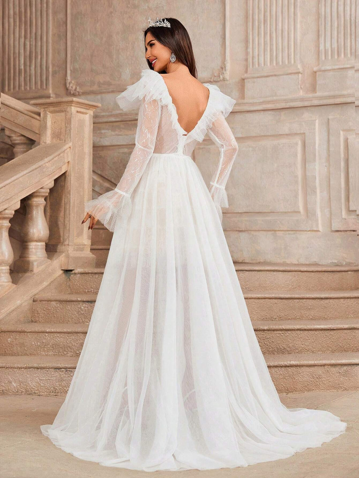 Elegant Deep V-Neck Gorgeous Beaded Patchwork Exaggerated Cascading  Removable Drag Pendulum Mesh Floating Piece Two-Wear Effect Dating Graduation Season Wedding Event Send Dress Wedding Dresses Dresses