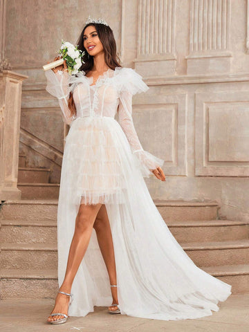 Elegant Deep V-Neck Gorgeous Beaded Patchwork Exaggerated Cascading  Removable Drag Pendulum Mesh Floating Piece Two-Wear Effect Dating Graduation Season Wedding Event Send Dress Wedding Dresses Dresses