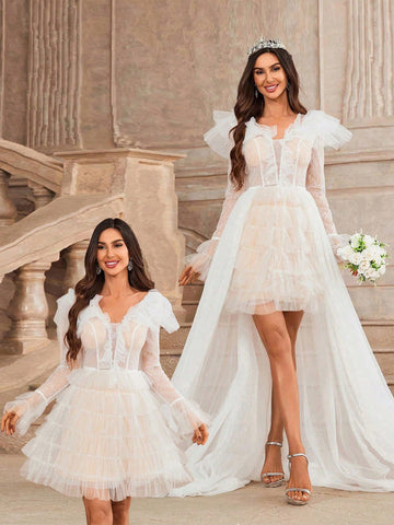 Elegant Deep V-Neck Gorgeous Beaded Patchwork Exaggerated Cascading  Removable Drag Pendulum Mesh Floating Piece Two-Wear Effect Dating Graduation Season Wedding Event Send Dress Wedding Dresses Dresses